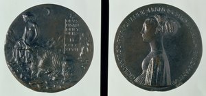肖像メダル、セシリアゴンザガの表側の絵、女性の姿とユニコーンの裏側の絵、1447年（ブロンズ）